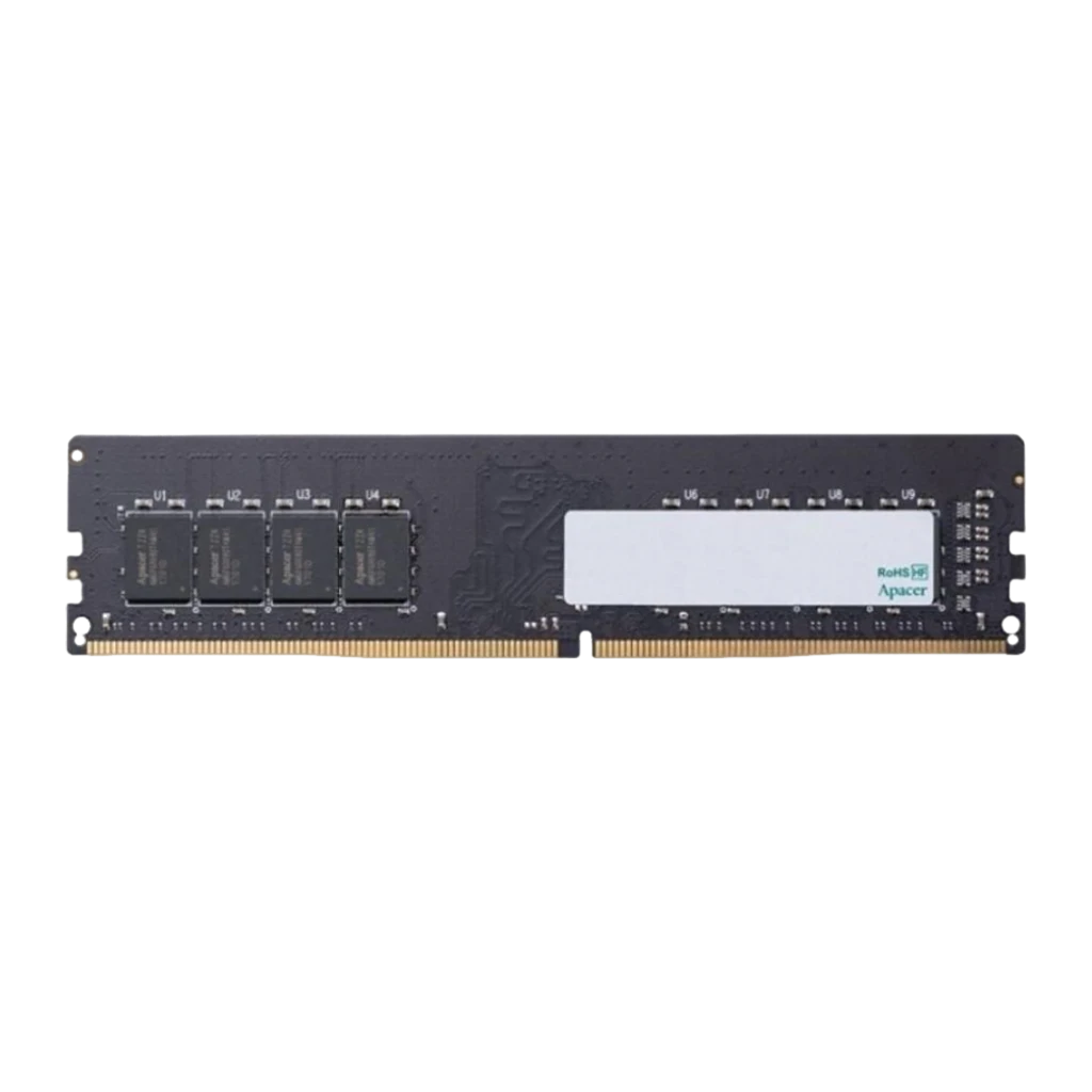 Apacer DDR4 3200 8GB, vista frontal: PCB negro con 4 chips de memoria y etiqueta RoHS Apacer
