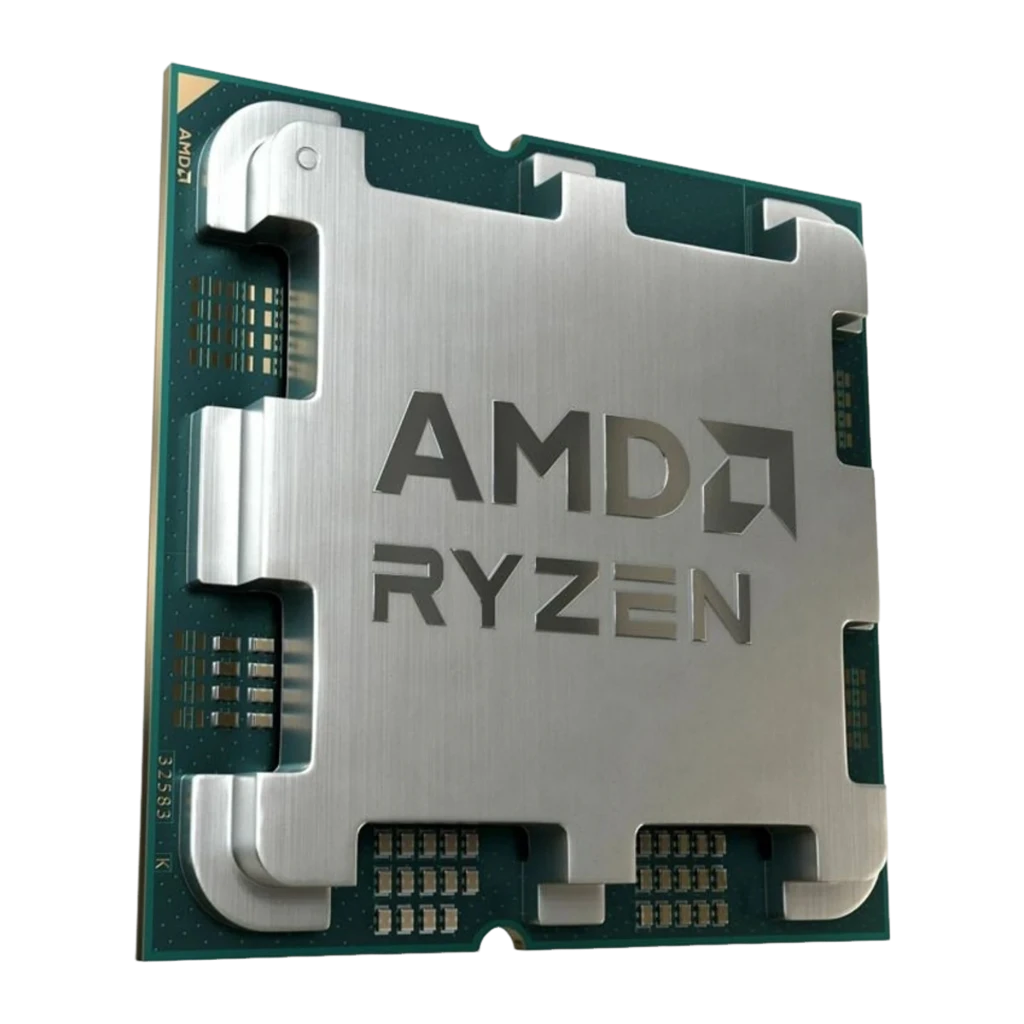 AMD Procesador Ryzen 7 7800X3D, vista frontal en ángulo: IHS plateado con logo AMD Ryzen grabado y PCB verde