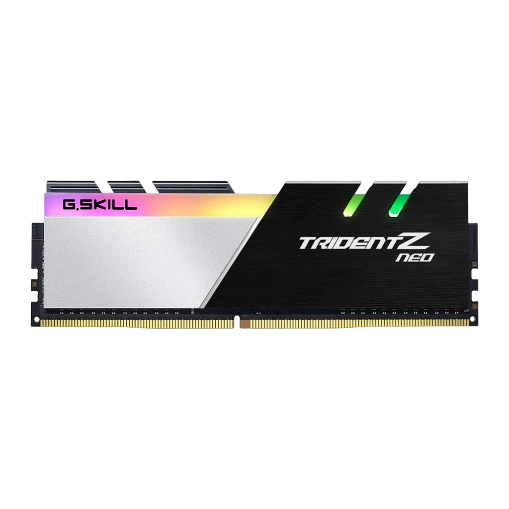 G.Skill TridentZ Neo 32GB DDR4 negro plata, vista frontal: un módulo DIMM con iluminación RGB y disipador bicolor