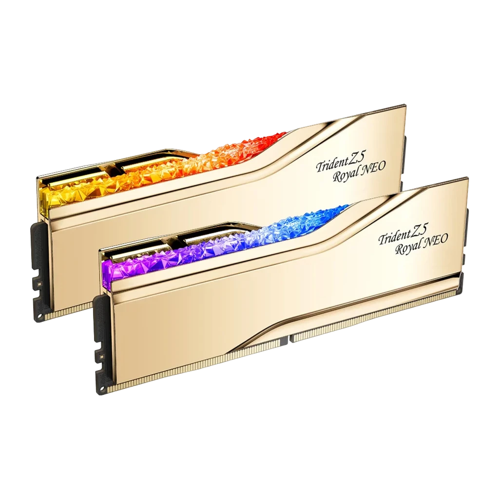 G.Skill Trident Z5 Royal Neo DDR5 32GB 6000MHz dorado, vista frontal: dos módulos con iluminación RGB multicolor en