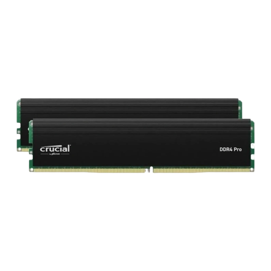Crucial Pro DDR4 3200 64GB Negro, vista frontal: dos módulos RAM apilados, disipador negro con logo Crucial y etiqueta DDR4