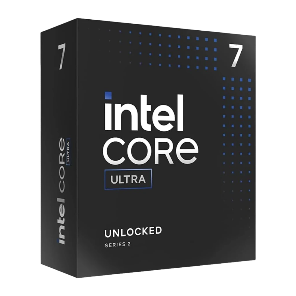 Intel Core Ultra 7 265K, vista frontal en ángulo: caja negra con logo Intel Core Ultra, texto Unlocked Series 2