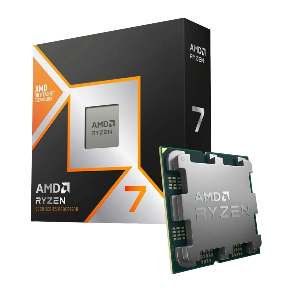 AMD Ryzen 7 9850X3D AM5, vista principal: caja negra con diseño naranja y procesador AM5 con contactos dorados