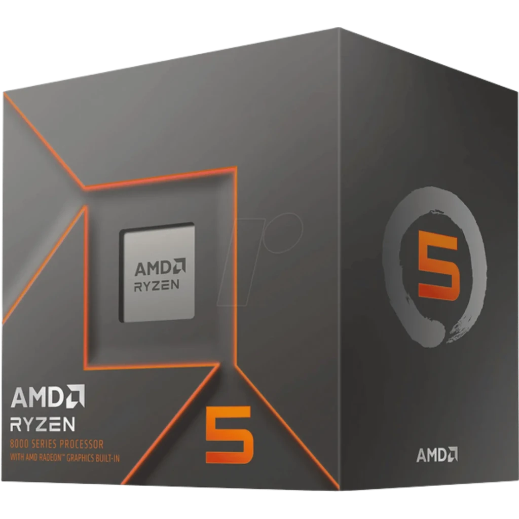 Caja del Procesador AMD Ryzen 5 8500G 6 Núcleos AM5, diseño gris con acentos naranjas, logo 5 destacado y chip ilustrado con Radeon Graphics integrado