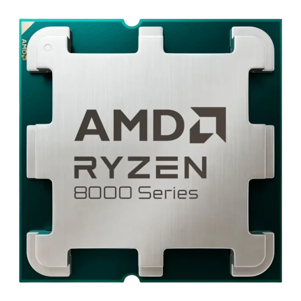 AMD Ryzen 7 8700F AM5 5 GHz, vista frontal: IHS metálico plateado con logo AMD Ryzen 8000 Series sobre PCB verde