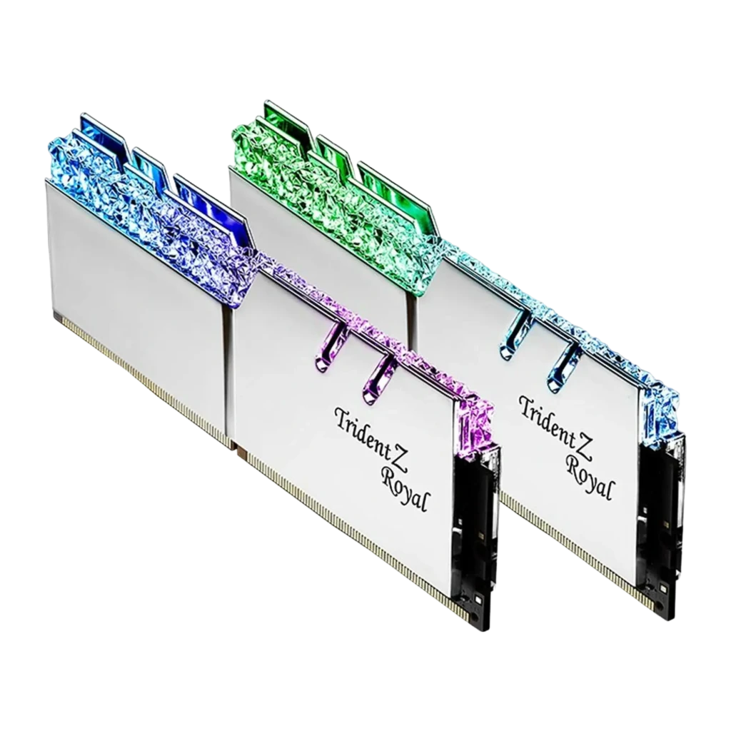G.Skill Trident Z Royal 32GB DDR4 3200MHz Plata, vista frontal en ángulo: 2 módulos con difusor cristal RGB iluminado y