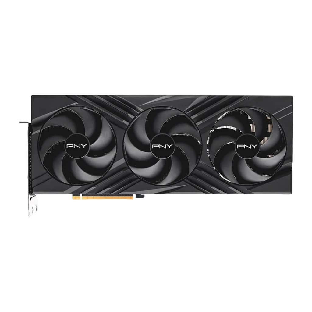 PNY RTX 4080 16GB VERTO Triple Fan negra, vista frontal: tres ventiladores con logo PNY y shroud con diseño angular