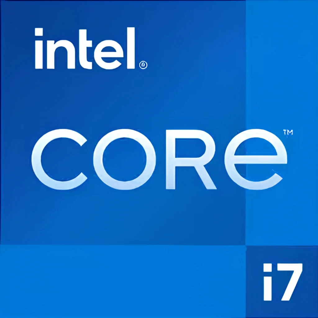Caja azul de Intel con logotipo Intel Core y distintivo i7 en esquina inferior derecha, tipografía blanca sobre bloques azules geométricos