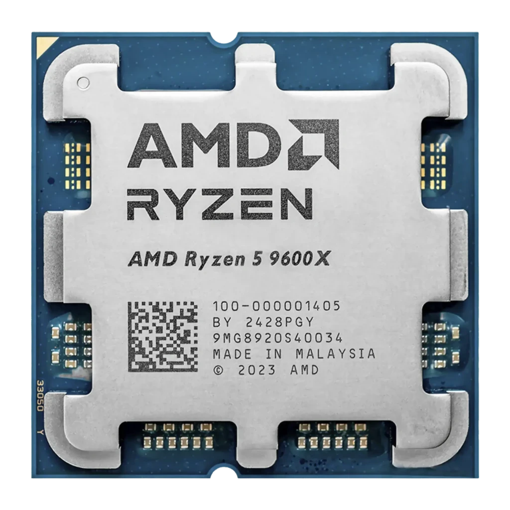 AMD Ryzen 5 9600X AM5, vista frontal: IHS plateado con logo AMD Ryzen y contactos dorados en PCB azul