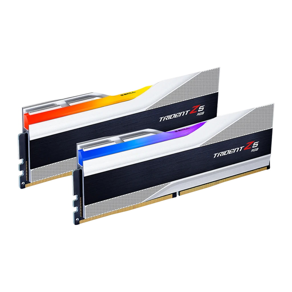 G.Skill Trident Z5 RGB DDR5 6000MHz 32GB plata metálica, vista en perspectiva: kit de 2 módulos con iluminación RGB activa y