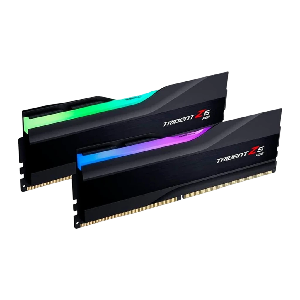 G.Skill Trident Z5 RGB DDR5 32GB Negro, vista en perspectiva: dos módulos RAM con iluminación RGB y disipador negro cepillado