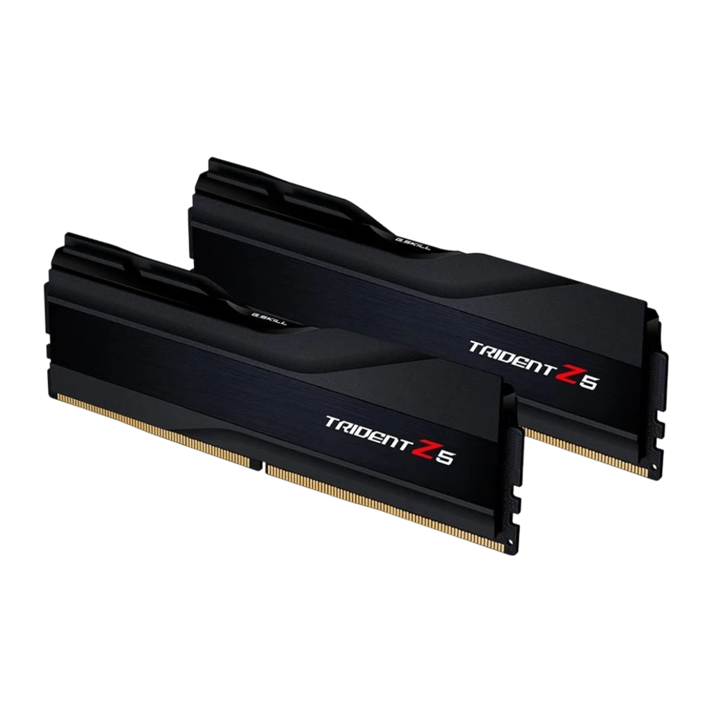 G.Skill Trident Z5 DDR5 32GB Negro, vista en perspectiva: dos módulos escalonados con logo rojo y contactos dorados visibles