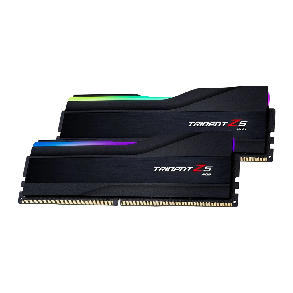 G.Skill Trident Z5 RGB 32GB DDR5 5600 CL36 negro, vista frontal: dos módulos apilados con iluminación RGB multicolor en la