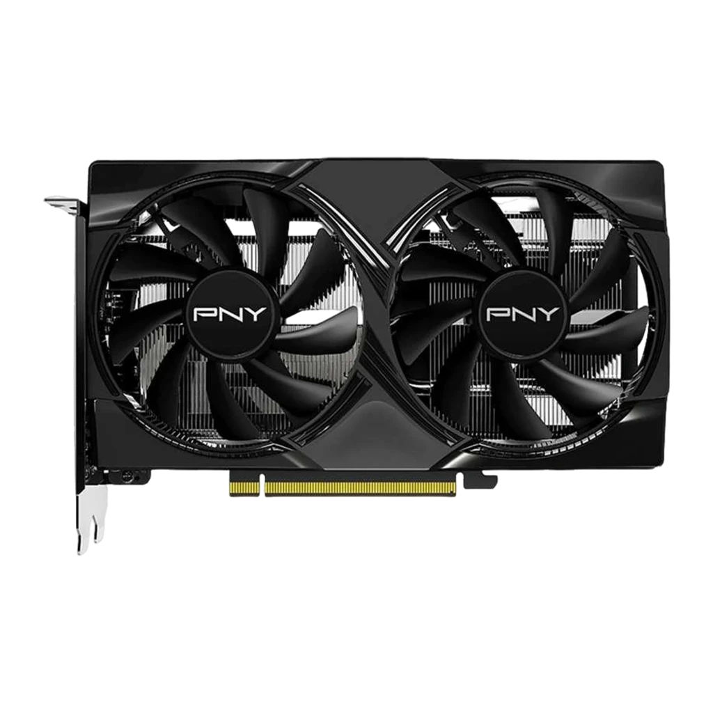PNY GeForce RTX 5050 8GB GDDR6 negro, vista frontal: dos ventiladores con logo PNY y conector PCIe dorado