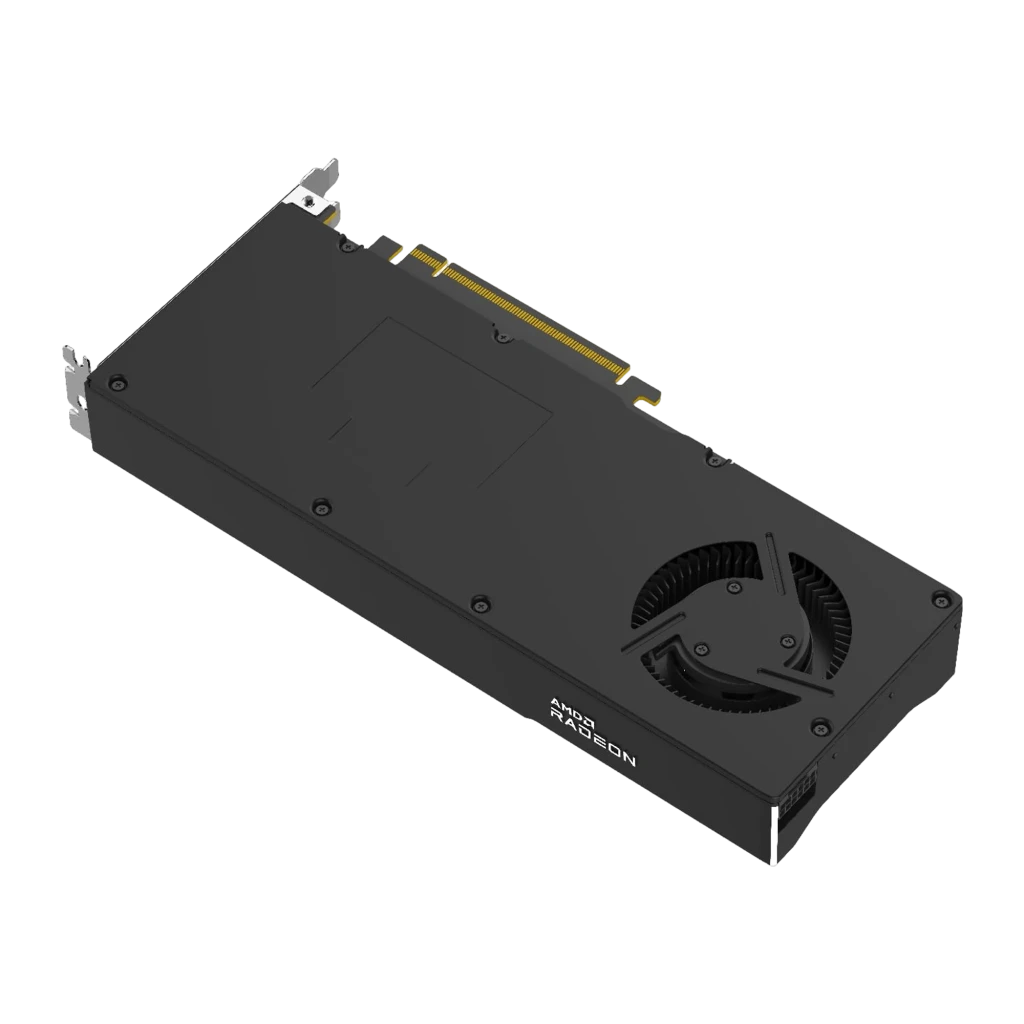 XFX Radeon RX 9700 AI Pro 32GB GDDR6 negro, vista trasera en ángulo: backplate liso, ventilador y conector PCIe dorado
