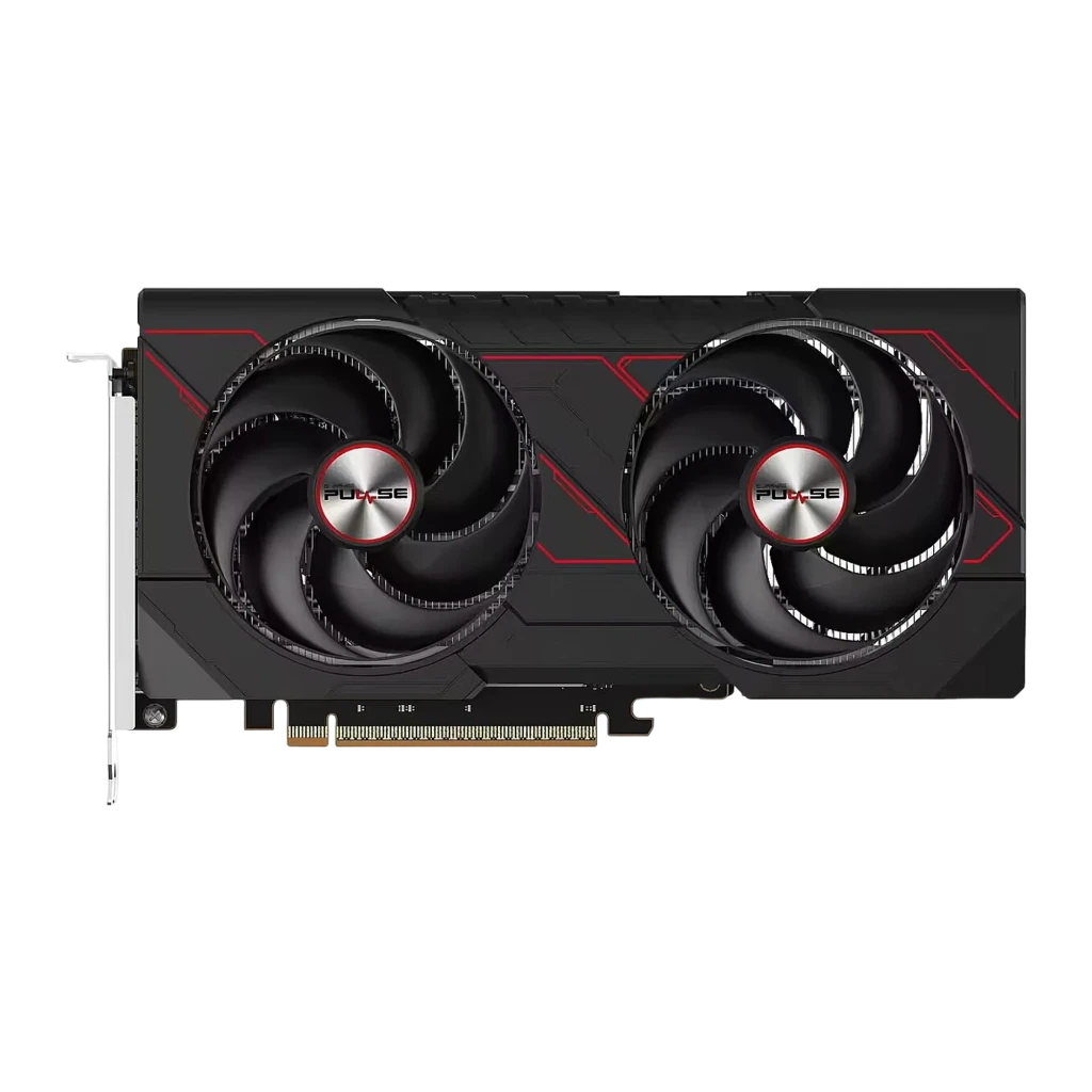Sapphire Pulse Radeon RX 9060 XT 8GB GDDR6 negra, vista frontal: dos ventiladores con logo Pulse y detalles rojos
