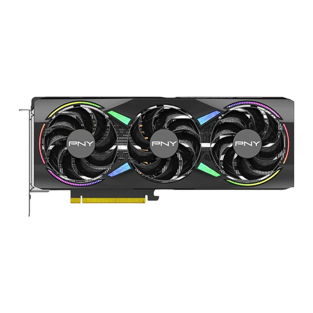PNY GeForce RTX 5070 Ti ARGB Epic-X RGB OC negra, vista frontal: tres ventiladores con logo PNY y anillos RGB multicolor