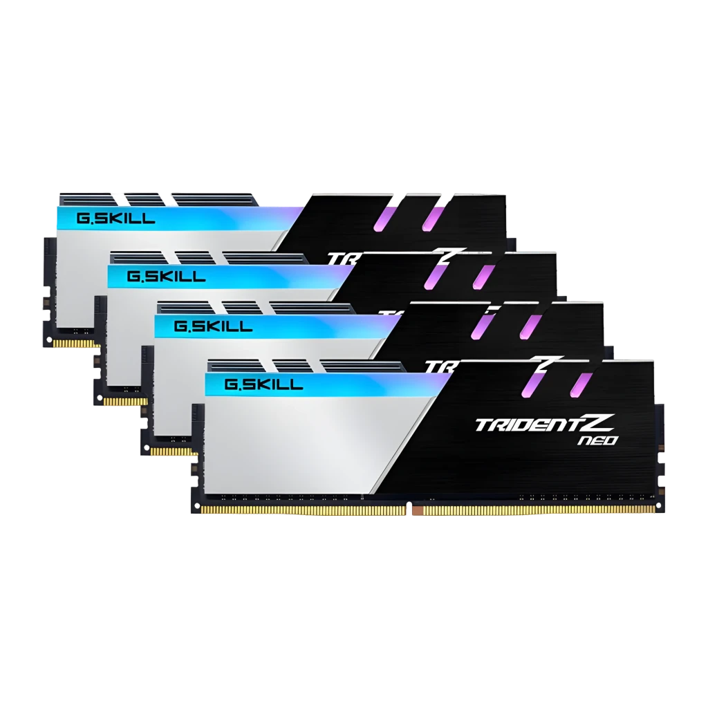 G.Skill Trident Z Neo 64GB DDR4 negro/plata, kit 4 módulos: disipadores RGB, logo G.Skill azul y texto Trident Z Neo