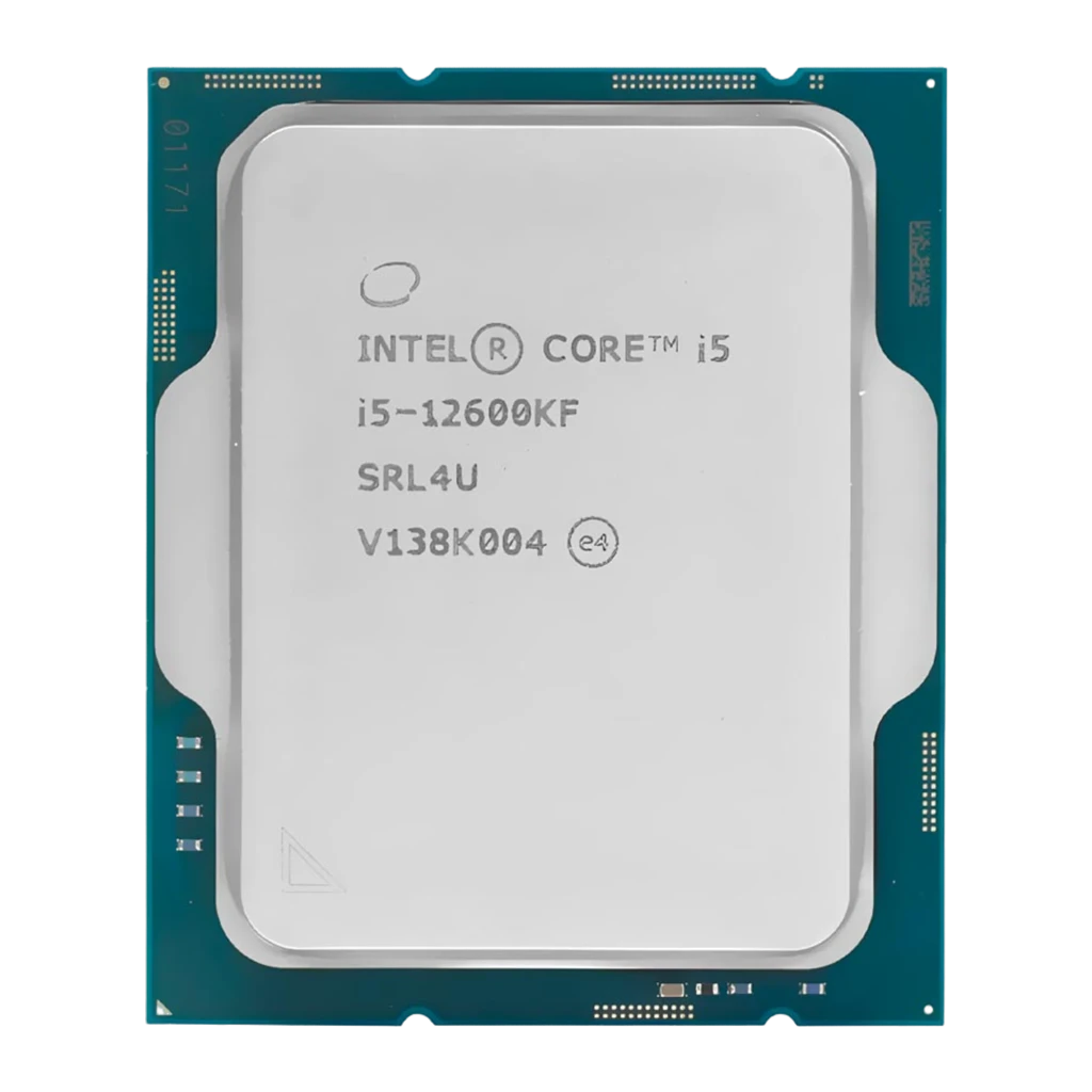 Intel Core i5-12600KF, vista frontal: IHS plateado con grabado i5-12600KF SRL4U y PCB verde turquesa