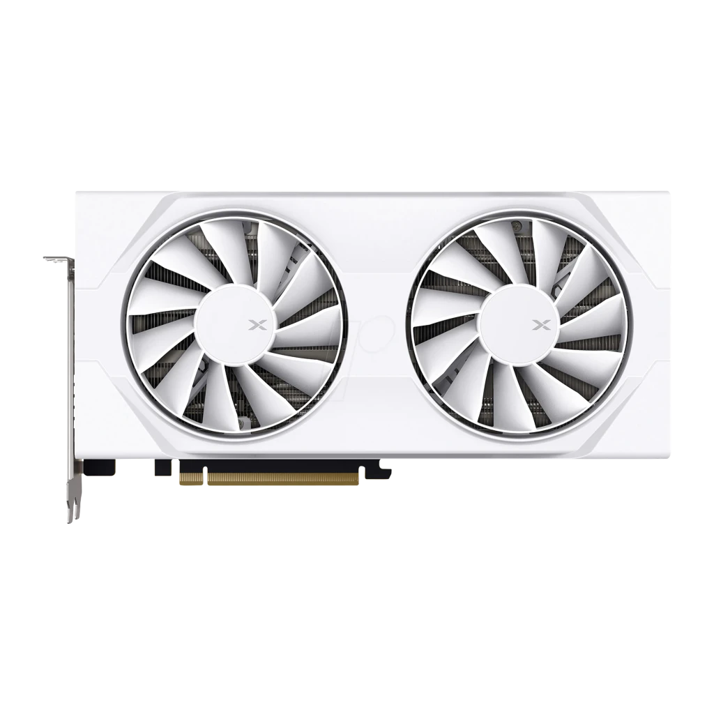 XFX Swift Radeon RX 9060 XT OC 8GB blanco, vista frontal: shroud blanco con dos ventiladores y logo X