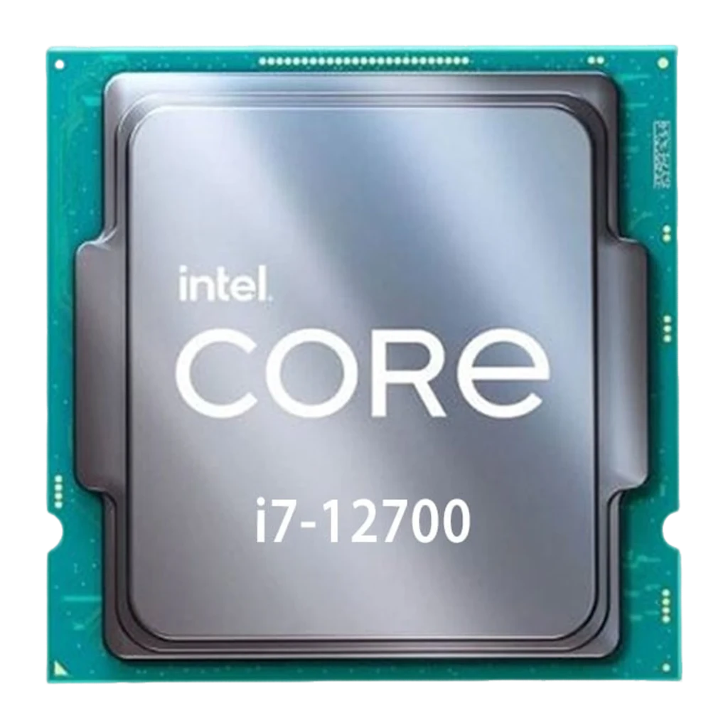 Intel Core i7-12700, vista frontal: IHS plateado con logotipo Core i7-12700 en grande sobre PCB verde