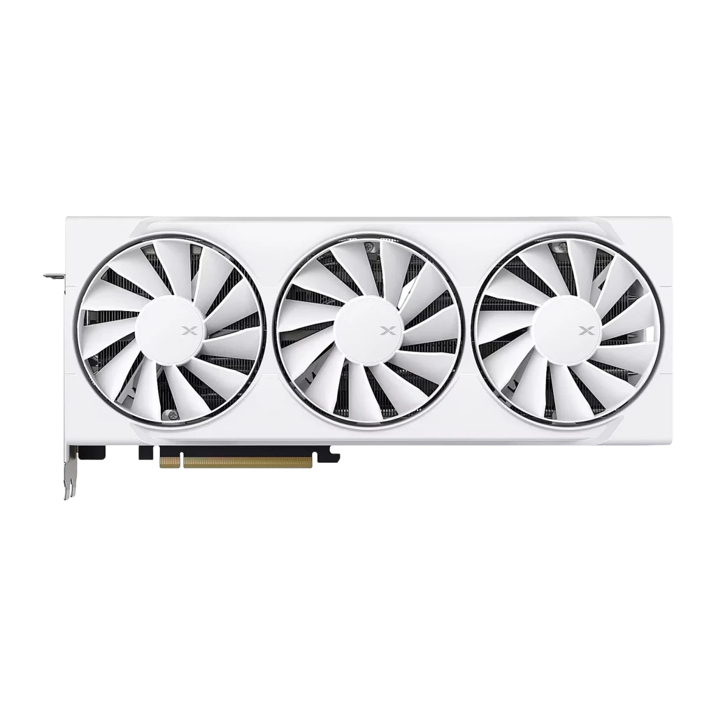 XFX Swift Radeon RX 9070 OC Gaming 16GB blanca, vista frontal: tres ventiladores con logo X y conector PCIe dorado