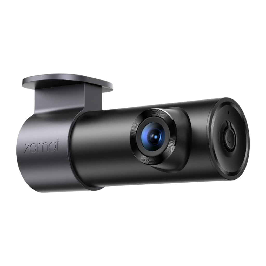 70mai Dash Cam M310 Plus 4K WiFi 6 en color negro, cuerpo cilíndrico compacto con lente gran angular azul, soporte de montaje superior y botón frontal
