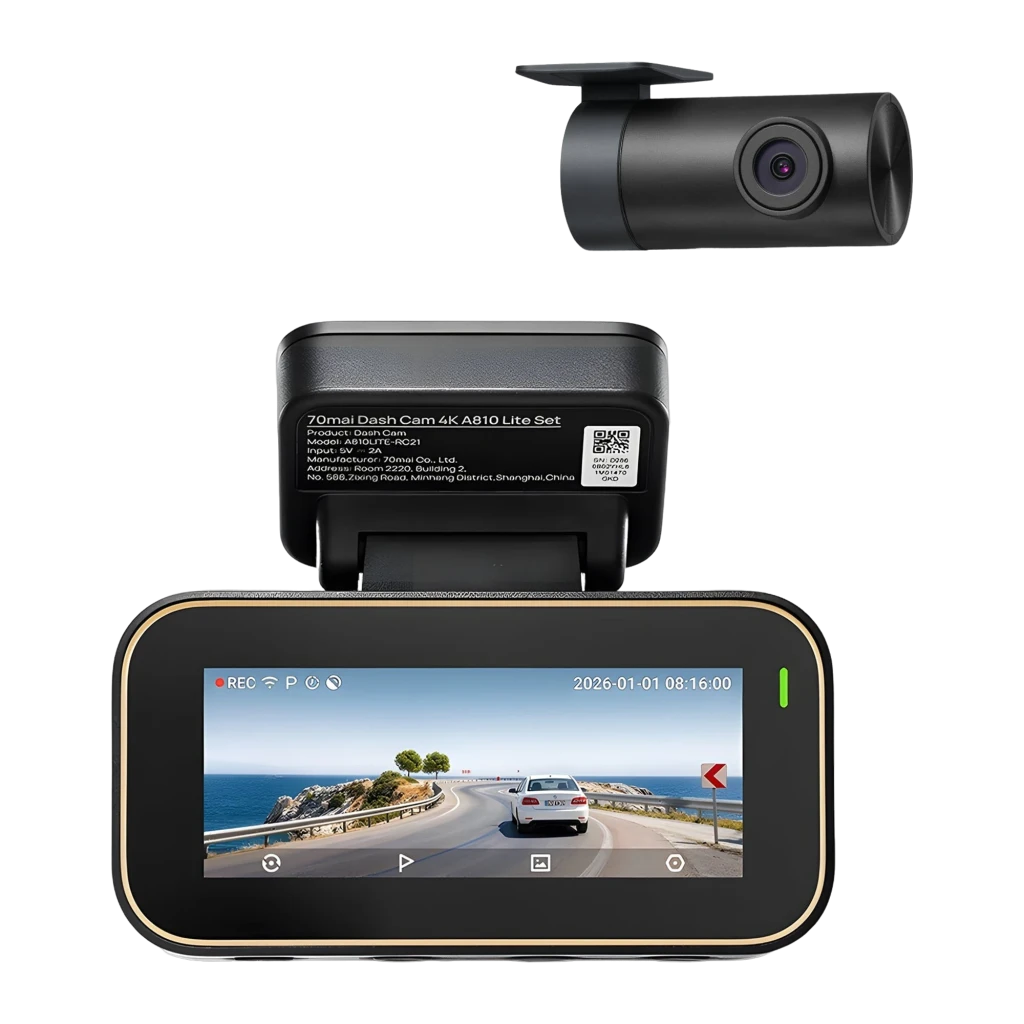 Dashcam 70mai A810 Lite Set con Rear Camera RC21 2CH 4K GPS WiFi. Cámara frontal con pantalla a color, lentes dobles, soporte adhesivo y diseño compacto negro
