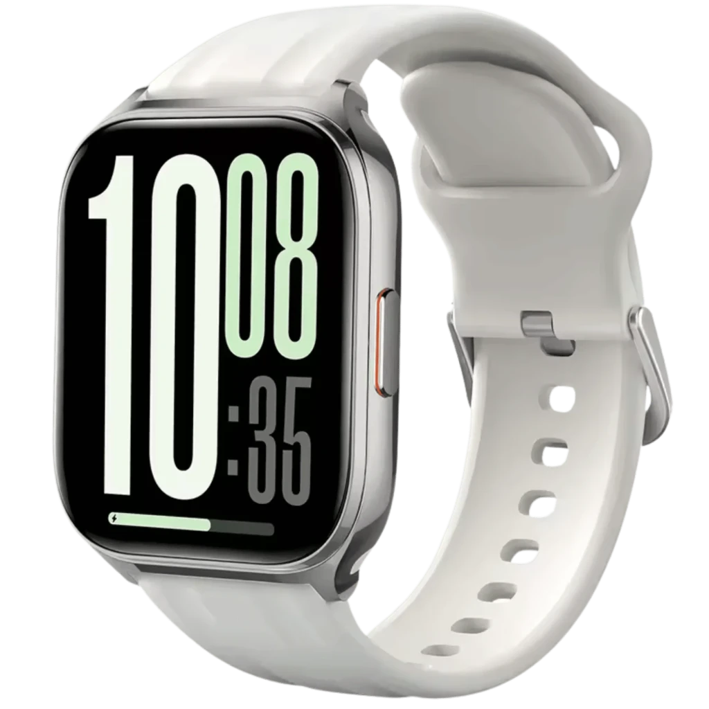 Haylou Watch 3 Plata con caja metálica brillante, pantalla rectangular grande, correa de silicona blanca ajustable y botón lateral destacado