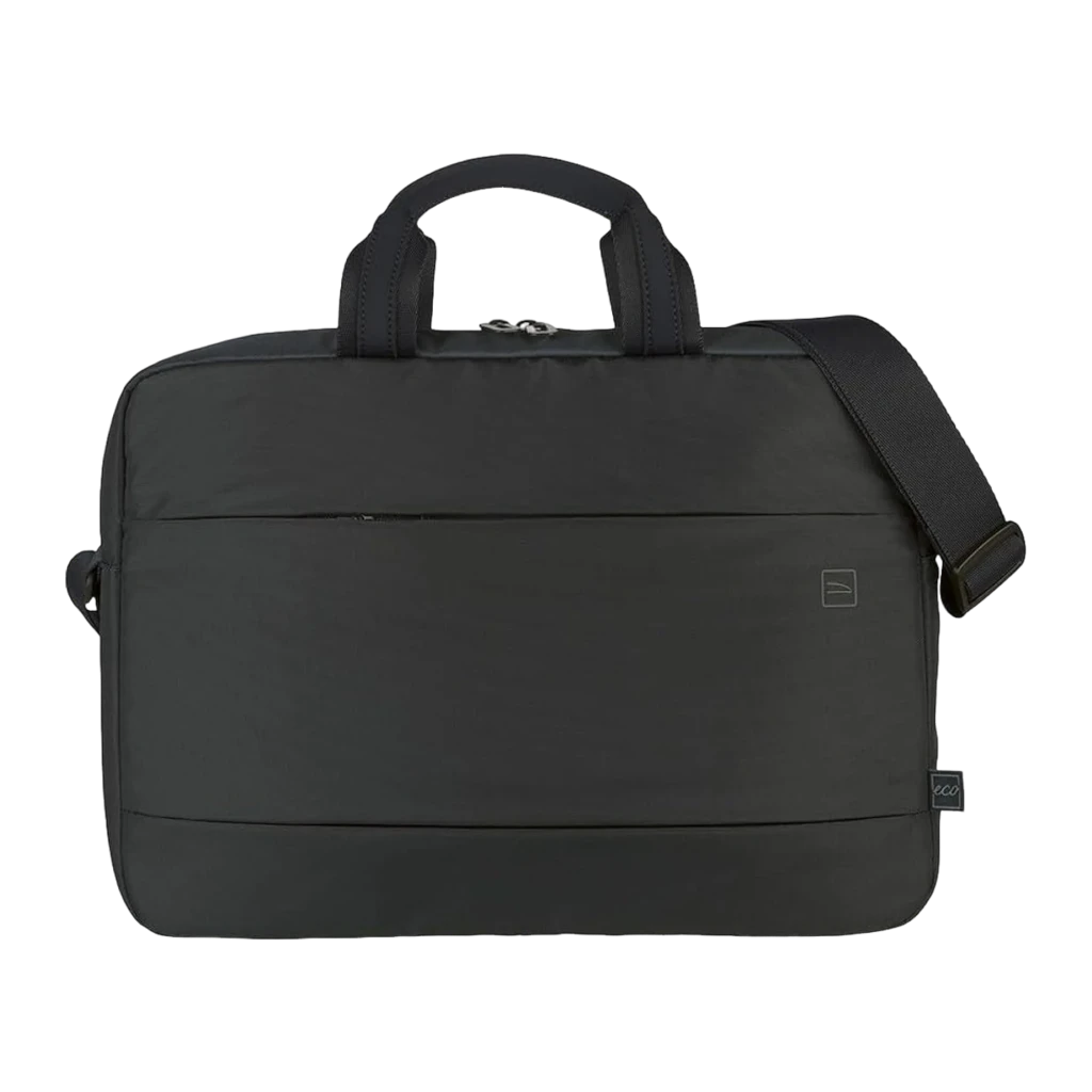Tucano Global Notebooktasche 15.6-16 negro, vista frontal: asa doble, bandolera lateral y logo eco en tejido liso