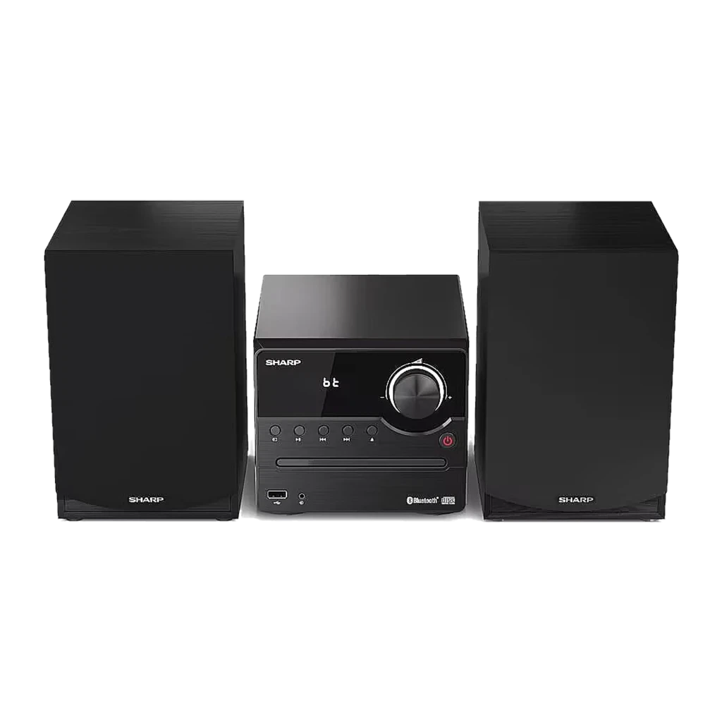 Sharp Microcadena XL-B512 45W negro, vista frontal: unidad central con display BT, mando giratorio y dos altavoces