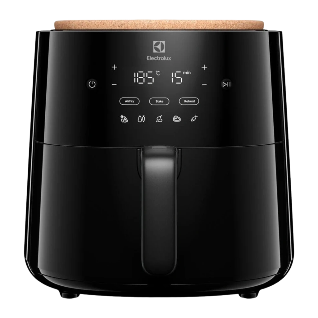 Electrolux Freidora de aire EAF5B 5L 1500W negro, vista frontal: panel táctil LED con modos AirFry Bake Reheat y tapa de