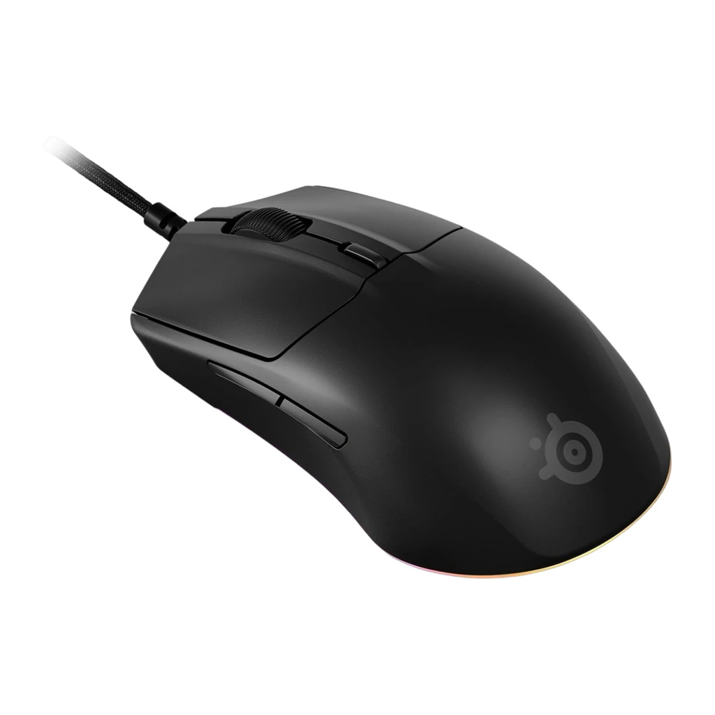 SteelSeries Rival 3 Gen 2 negro, vista diagonal frontal: superficie mate, rueda, botones laterales y RGB en la base