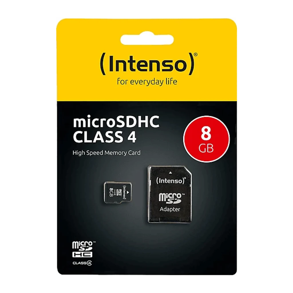 Intenso MicroSDHC 8GB Class 4 negro, packaging frontal: blíster con tarjeta y adaptador SD visibles