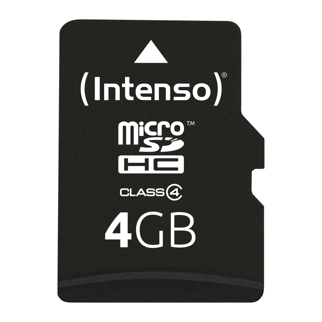 Intenso MicroSDHC 4GB Class 4 negro, vista frontal: cara delantera con logo, icono microSDHC y capacidad 4GB