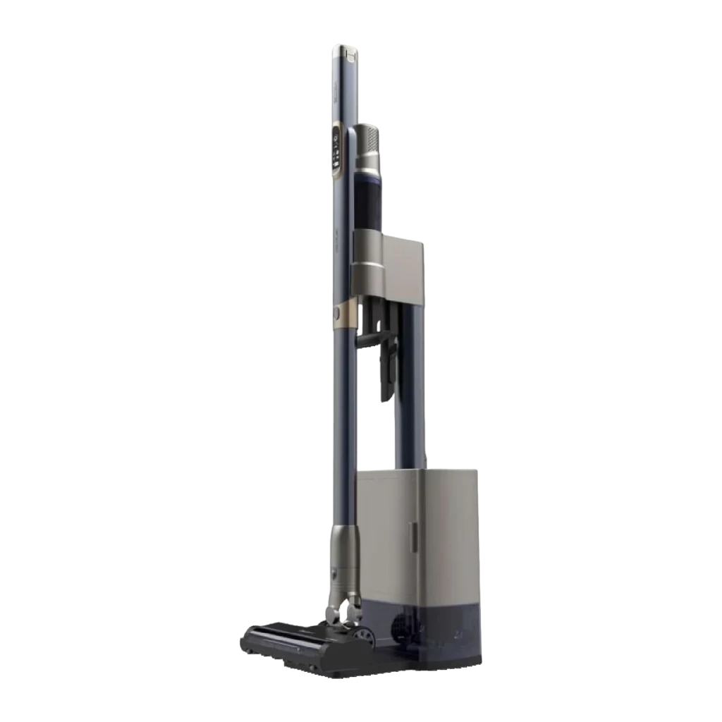 Cecotec A01 aspiradora escoba 2en1 negro, vista lateral: escoba acoplada en base de carga con cuerpo azul y detalles dorados