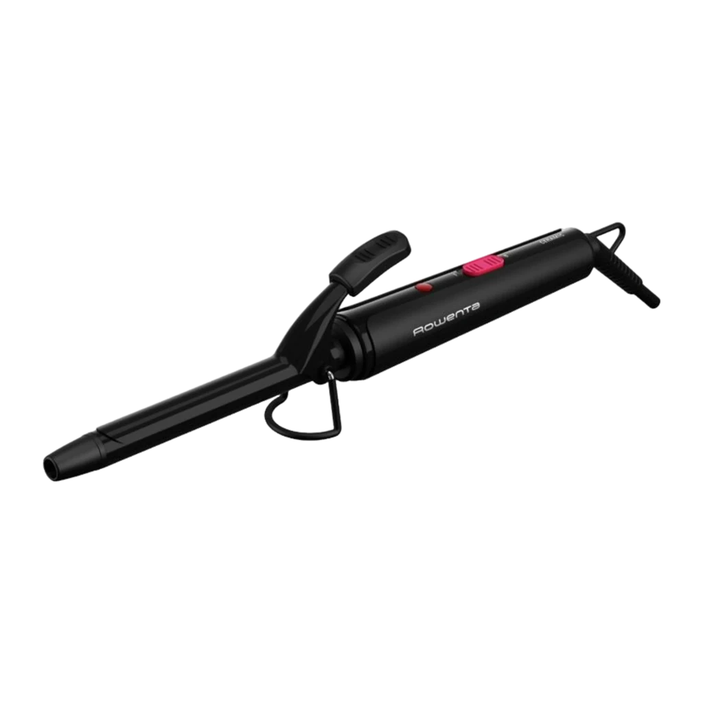 Rowenta Rizador CF2119 Express Style Negro, vista principal: rizador diagonal con pinza cerrada y botón rosa visible