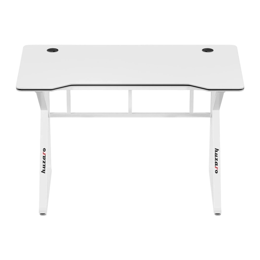 Huzaro Mesa gaming Hero 1.6 Blanca, vista frontal: superficie blanca, pasacables, patas metálicas con logo