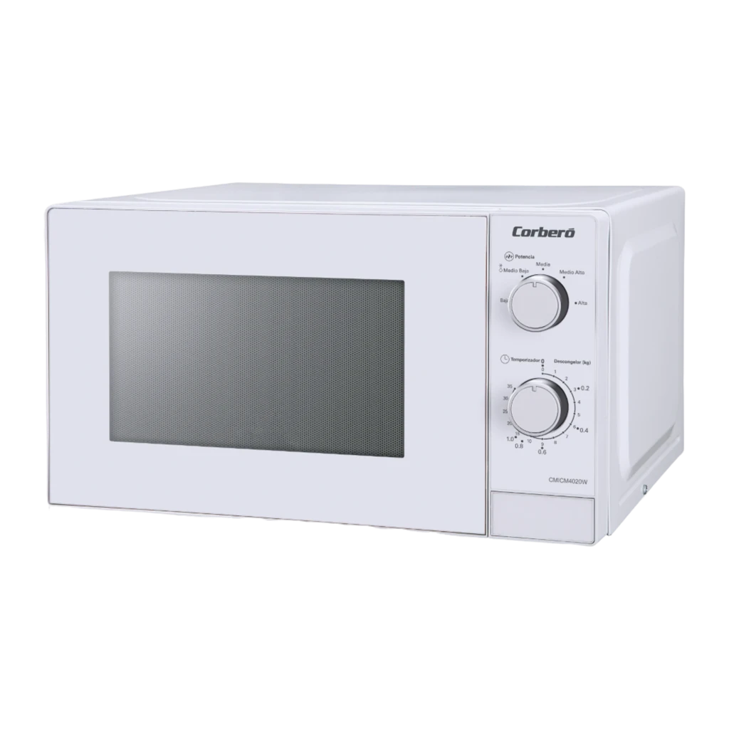 Corberó CMICM4020W Blanco, vista frontal en ángulo: microondas con puerta cerrada y dos mandos giratorios