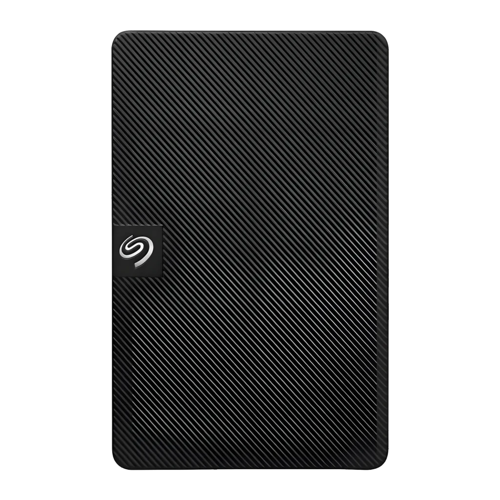 Seagate Expansion STKN1000400 1TB negro, vista frontal: textura diagonal rayada y logo Seagate en esquina izquierda