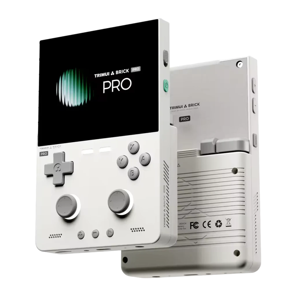 Consola portátil Trimui Brick Pro 1GB/64GB Blanco con pantalla grande, cruceta y dos joysticks, botones frontales y laterales, altavoces y carcasa mate retro