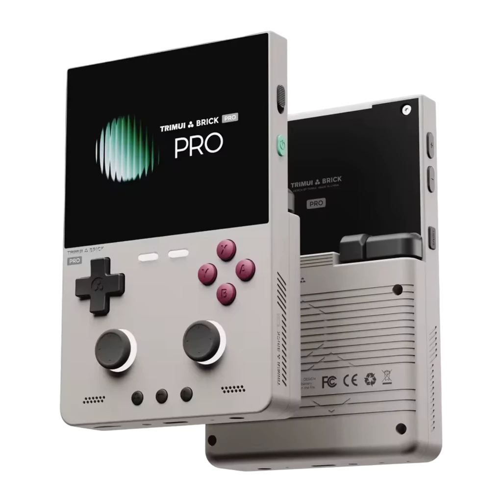 Consola portátil Trimui Brick Pro 1GB/64GB en gris, pantalla a color, cruceta, dos sticks, botones frontales rojo vino, altavoces laterales y carcasa retro
