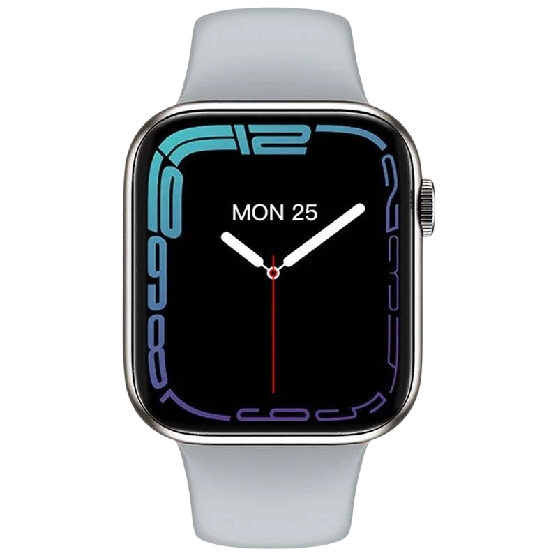 IWO HW37 Plata con correa deportiva gris, pantalla rectangular borde a borde, caja metálica plateada y dial colorido con agujas blancas y segundero rojo