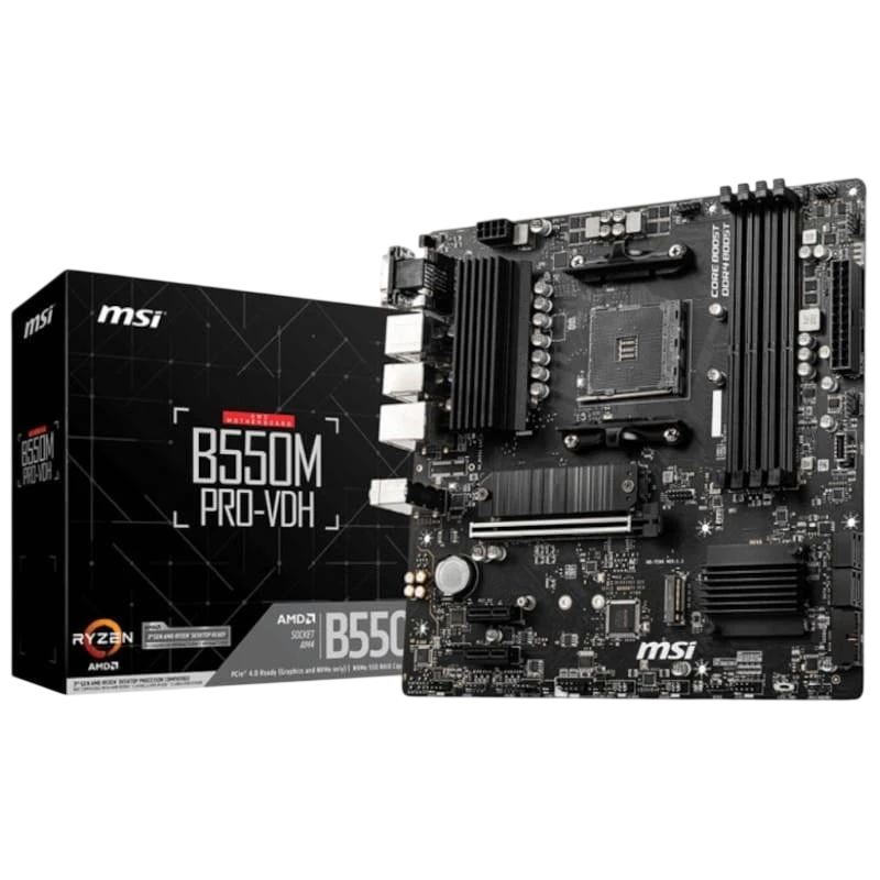 MSI B550M PRO-VDH micro ATX desprecintado, placa base negra con disipadores, 4 ranuras RAM, puertos HDMI y USB, chipset B550 para Ryzen