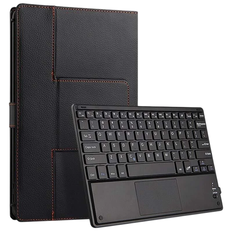 Funda con teclado para Teclast T40 desprecintado, acabado en piel negra con costuras rojas, teclado QWERTY compacto y touchpad integrado