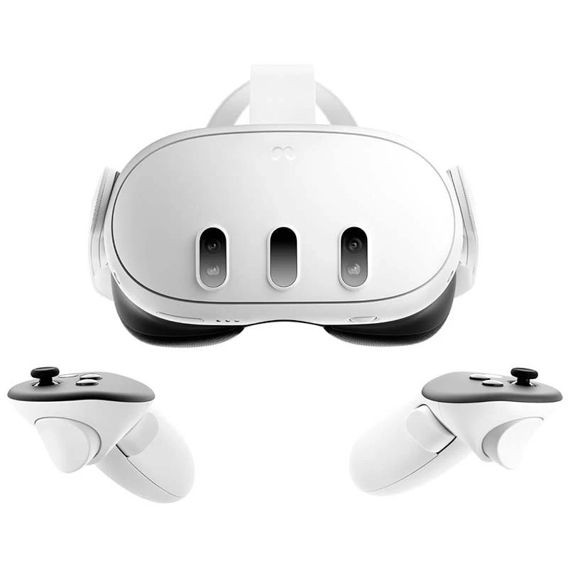 Visor VR blanco con doble cámara frontal y correa superior, acompañado de dos mandos ergonómicos con joysticks y gatillos, diseño limpio y moderno