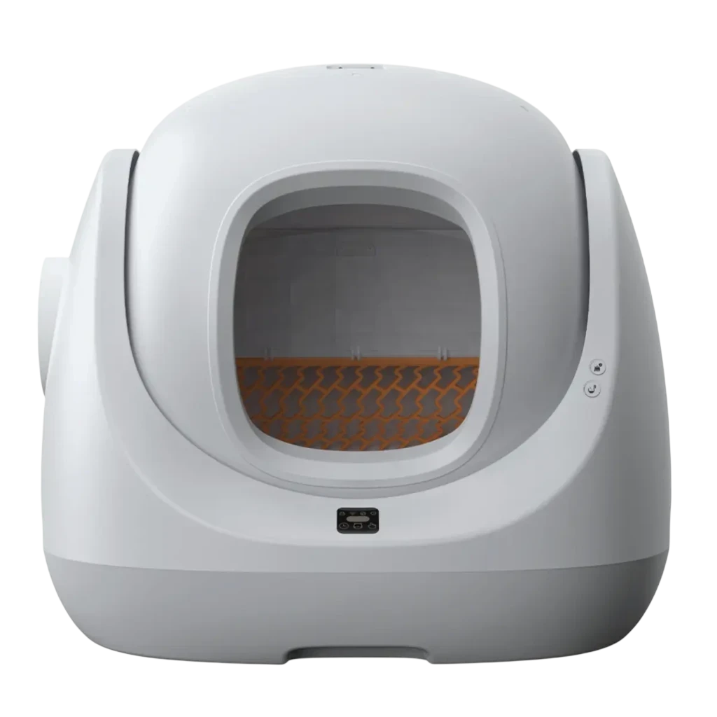 CATLINK Baymax Lite Blanco arenero autolimpiable inteligente, diseño esférico blanco, entrada amplia frontal, rejilla interna naranja y panel de control