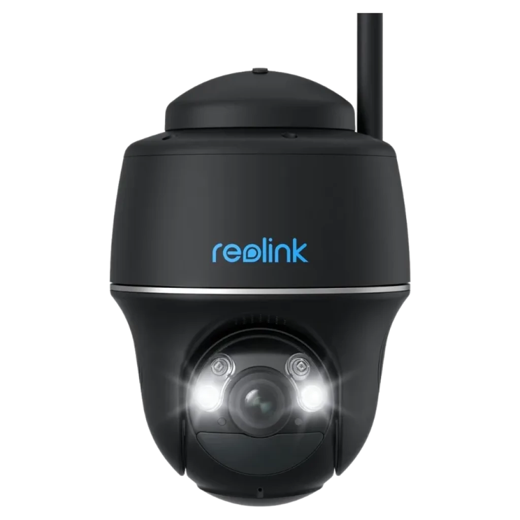 Cámara PTZ exterior negra con logo reolink, antena, lente central 5MP, dos focos LED frontales y sensor IR