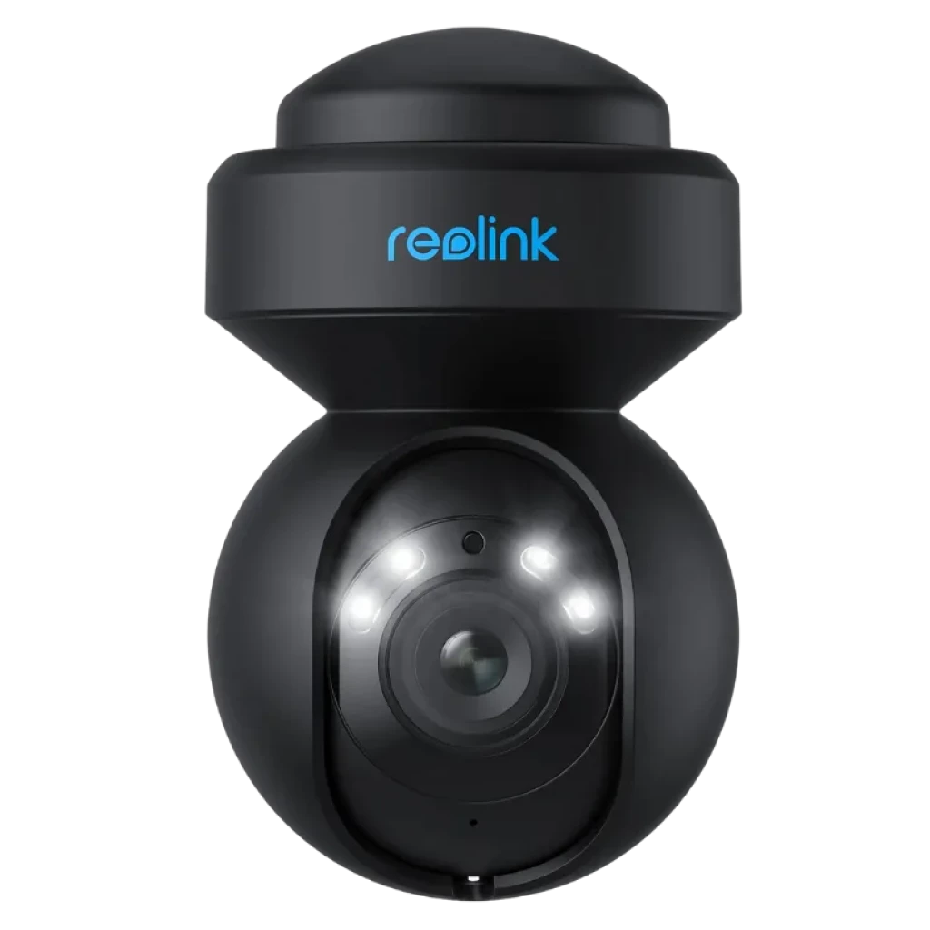 Reolink E Series E540-B negra con lente central y LEDs frontales, diseño domo exterior resistente y montaje mural