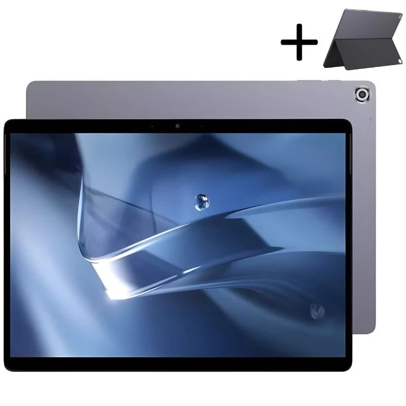 Chuwi Hi10 Max 12.96 gris con pantalla casi sin bordes y cámara frontal, trasera con módulo en esquina. Incluye funda soporte plegable a juego